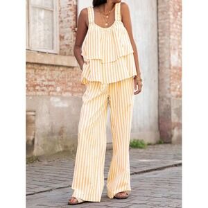 Shein‎ Women's Elastic Strap Loose Layered Wide Leg Pants Set Yellow Striped #2